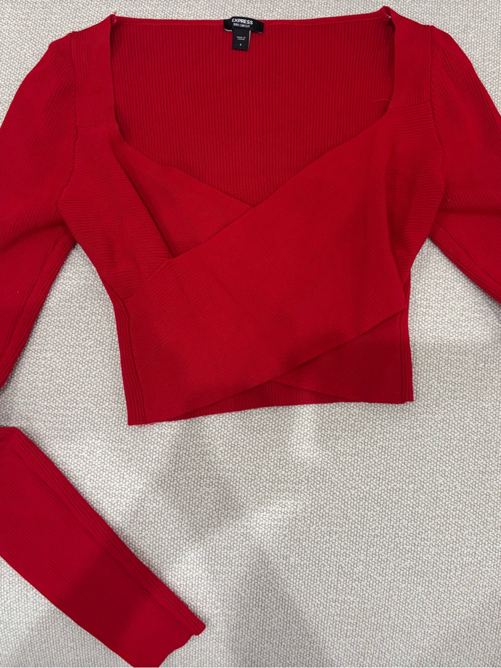 Express Red Ribbed Wrap Crop V-Neck Sweater